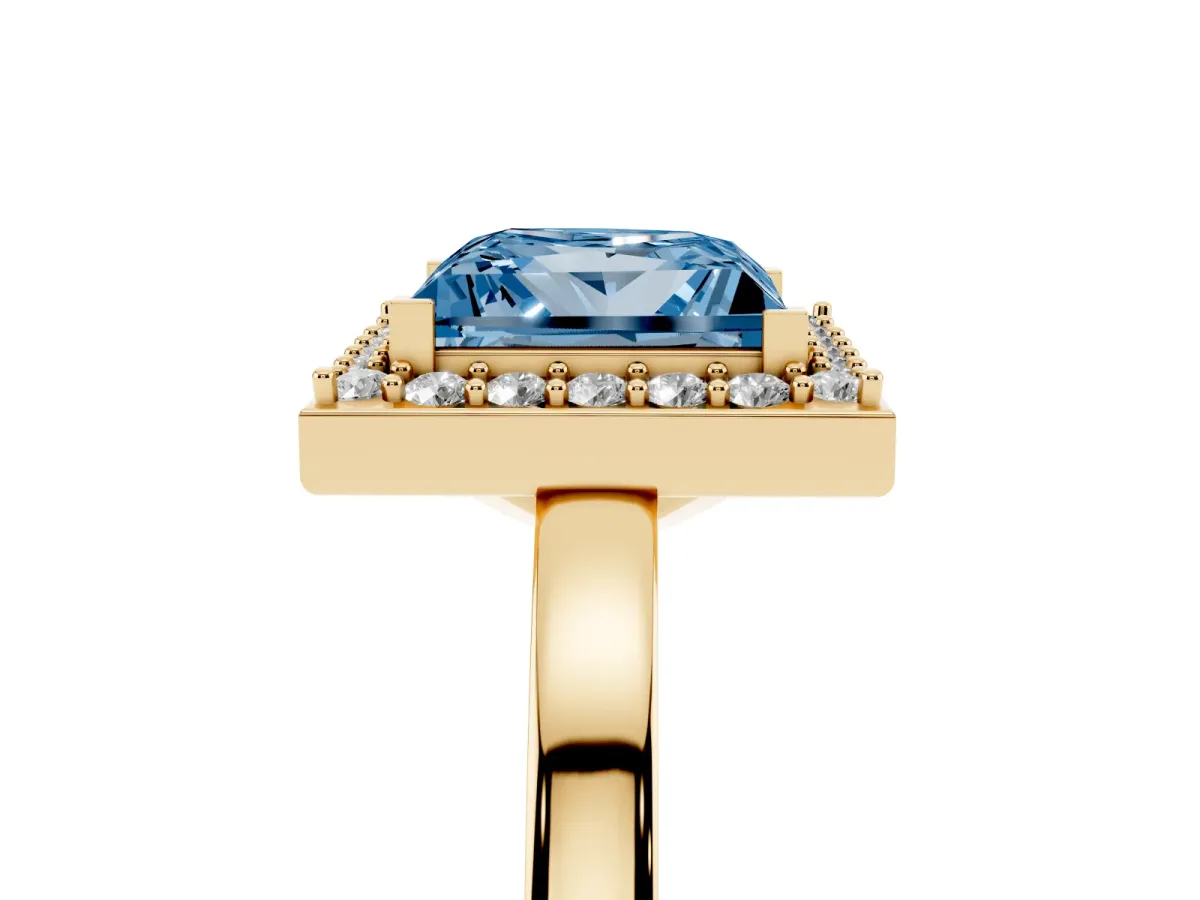 Fancy Blue Princess Cut Halo Diamond Ring with Solitaire Band and Prong Setting Yellow gold