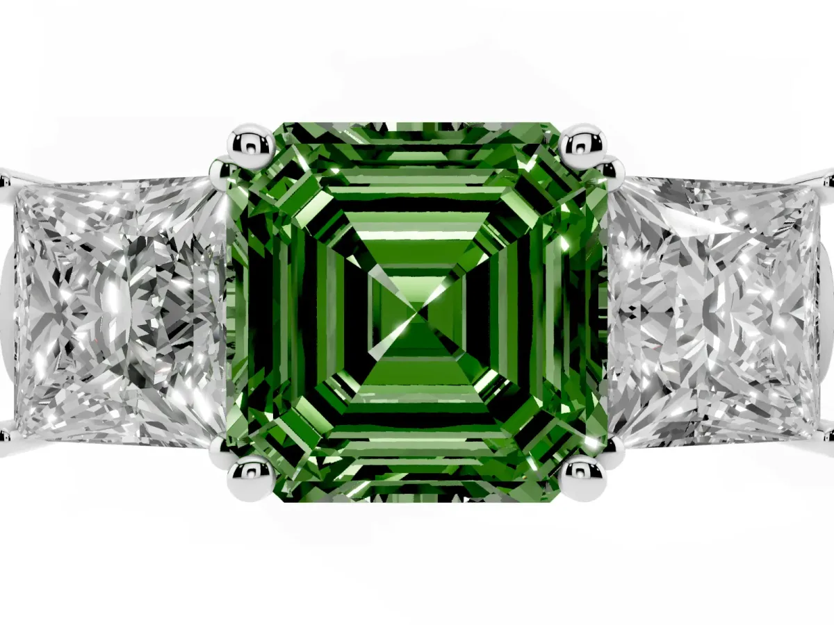 Fancy Green Three-Stone Asscher Cut Brilliant Diamond Trellis Ring with Comfort Fit Band White gold