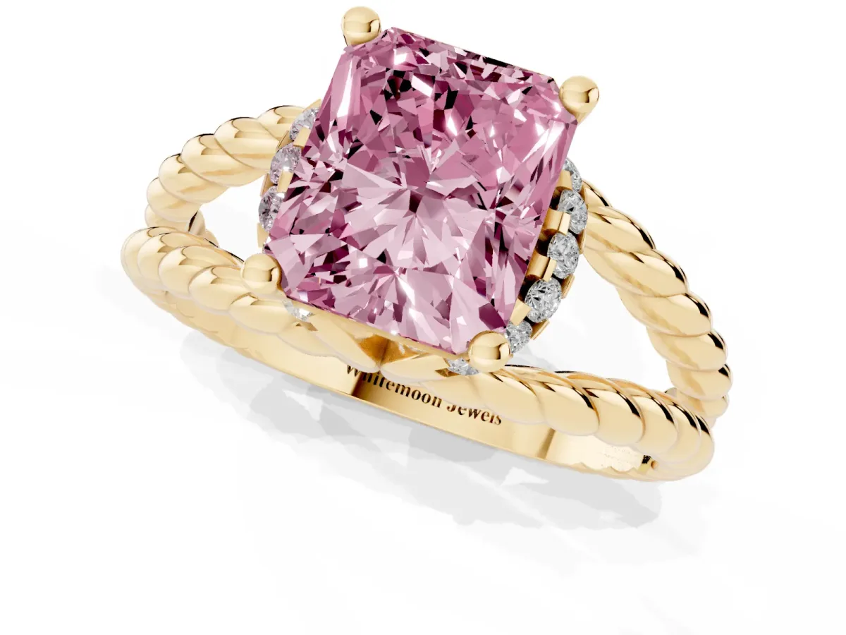 Fancy Pink Radiant Cut Halo Twisted Band Four-Prong Ring Yellow gold