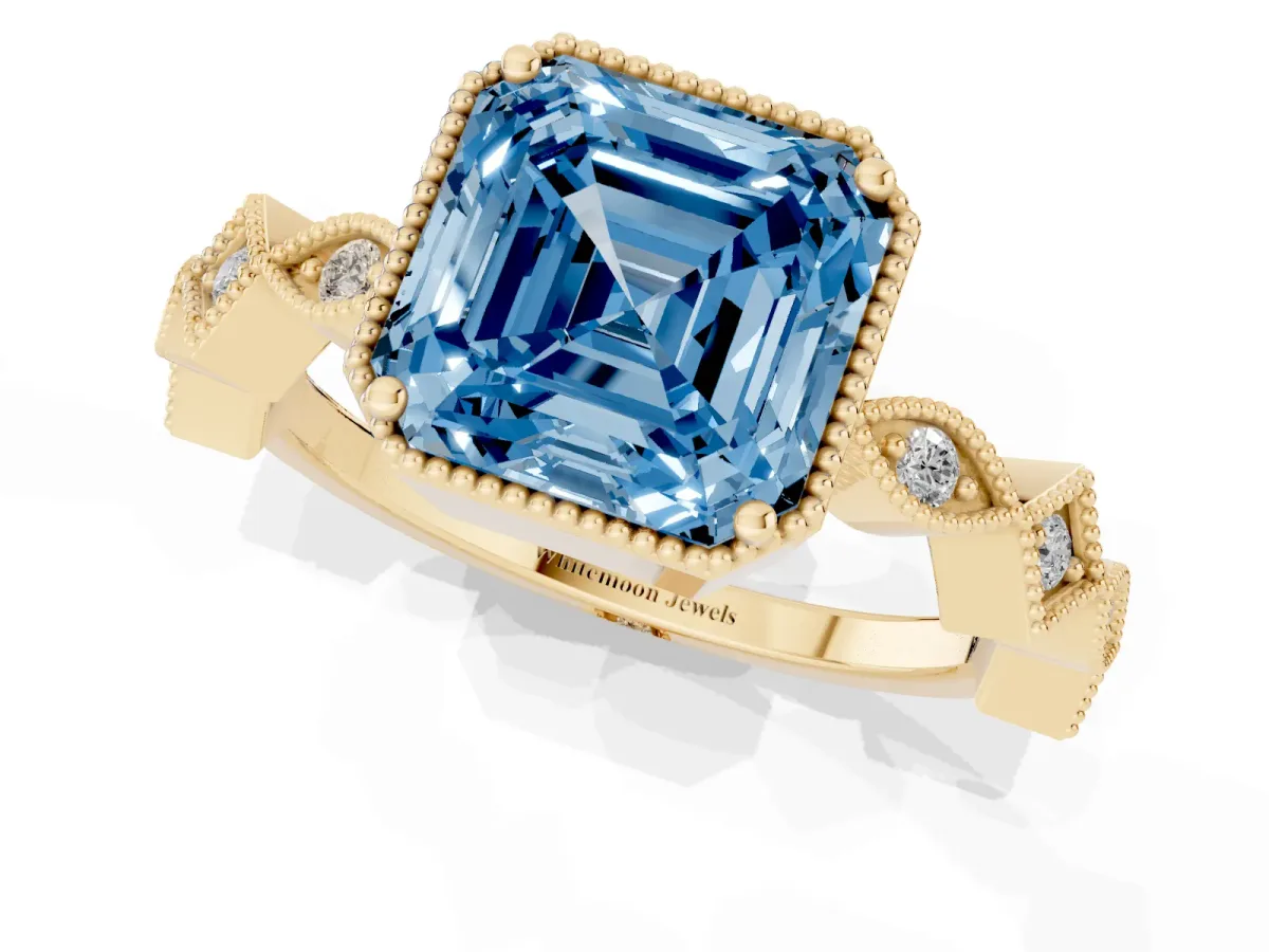 Fancy Blue Asscher Cut Milgrain Marquise Diamond Twist Band Ring Yellow gold