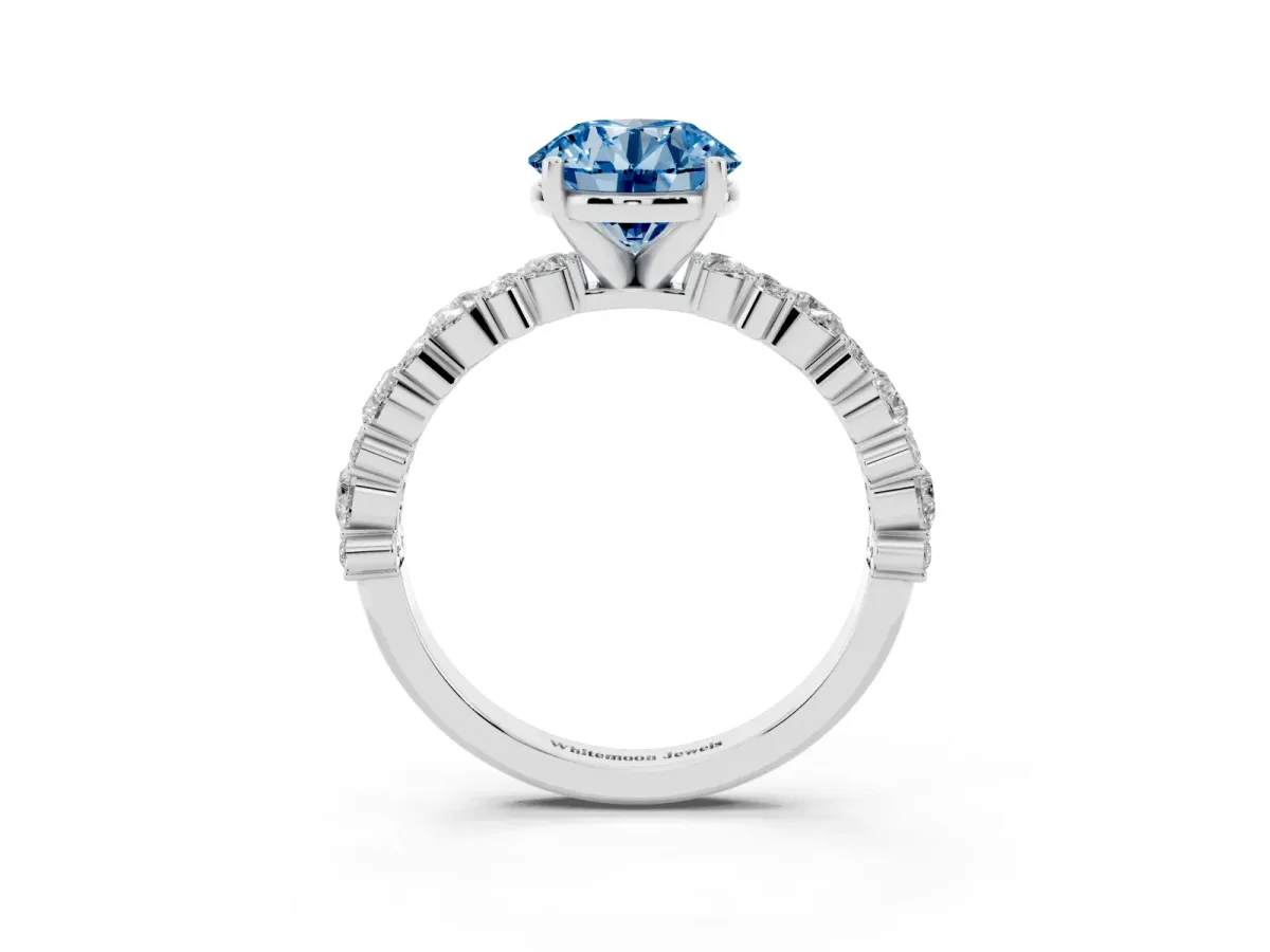 Fancy Blue Round Cut Diamond Side Stone Solitaire Ring with Round and Four-Prong Setting Silver