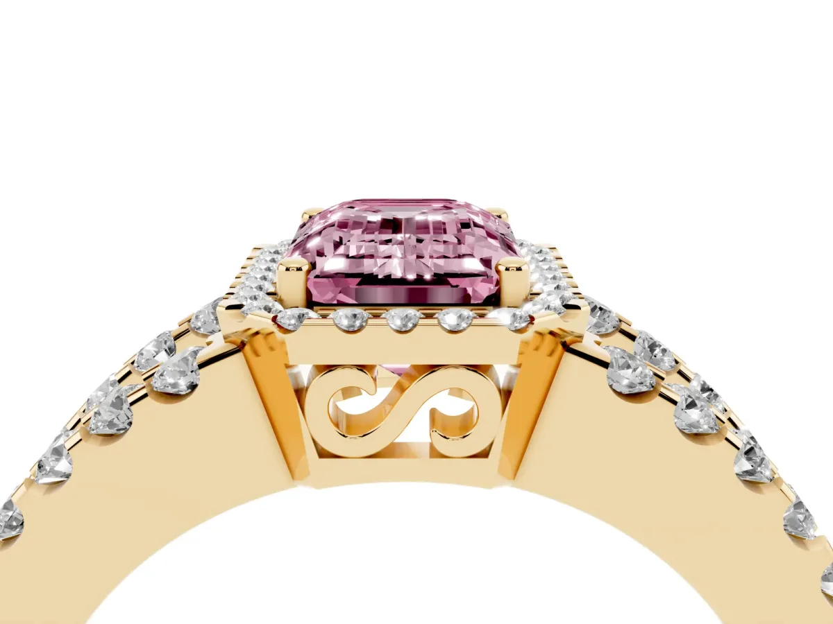 Fancy Pink Emerald Cut Cut Halo Split Shank Diamond Ring with Four-Prong Setting Yellow gold