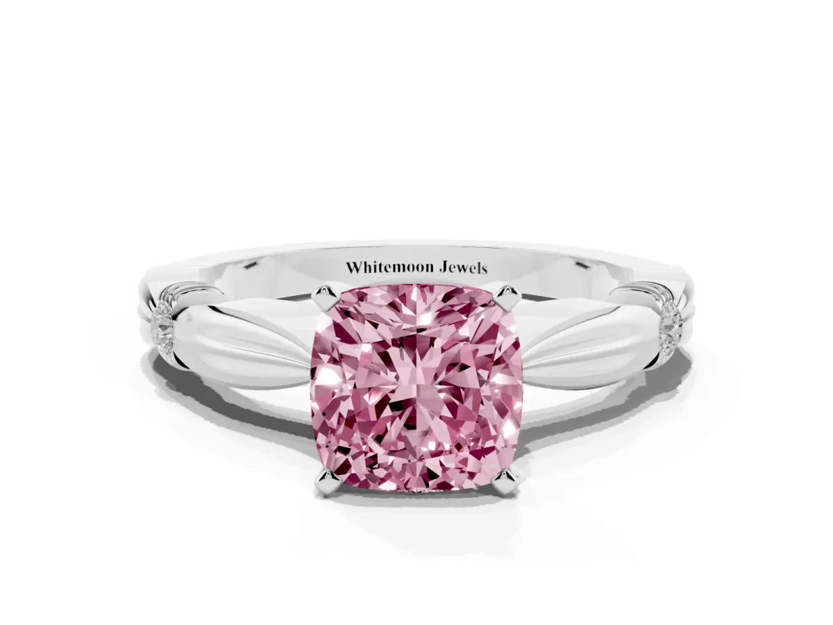 Fancy Pink Cushion Cut Solitaire Diamond Twisted Band with Four-Prong Setting Platinum