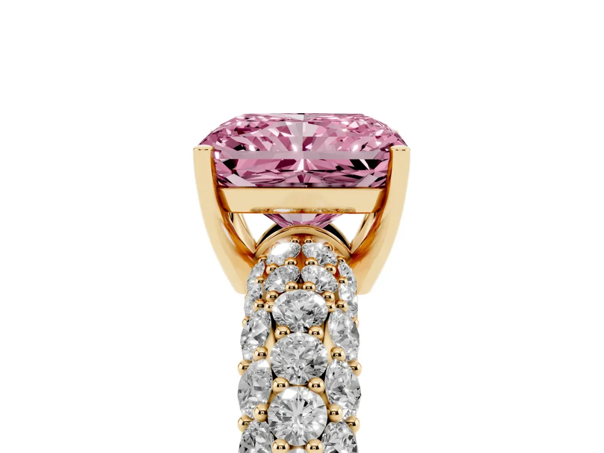 Fancy Pink Radiant Cut Diamond Pavé Band Solitaire Ring with Four-Prong Setting Yellow gold