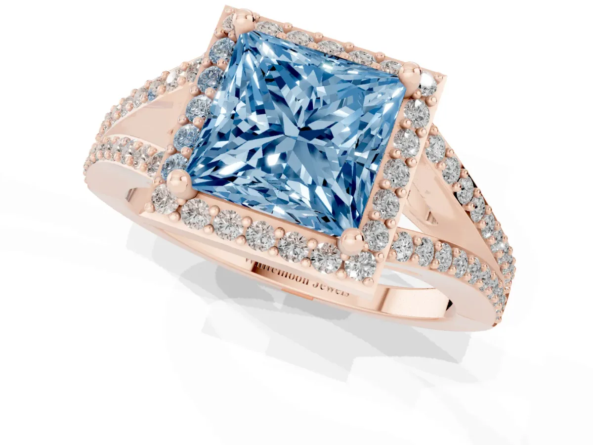 Fancy Blue Princess Cut Halo Split Shank Diamond Ring with Prong Setting Rose gold