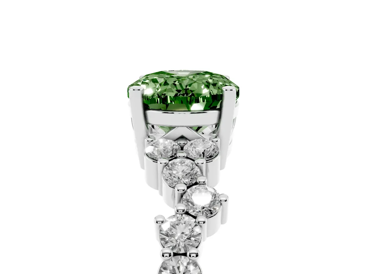 Fancy Green Oval Cut Diamond Scattered Round Accent Ring with Prong Setting Silver