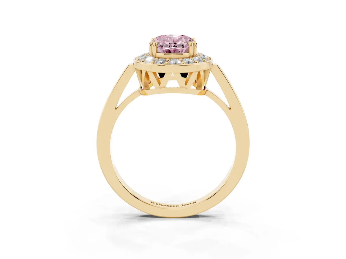 Fancy Pink Oval Cut Diamond Halo Ring with Split Shank and Four-Prong Setting Yellow gold