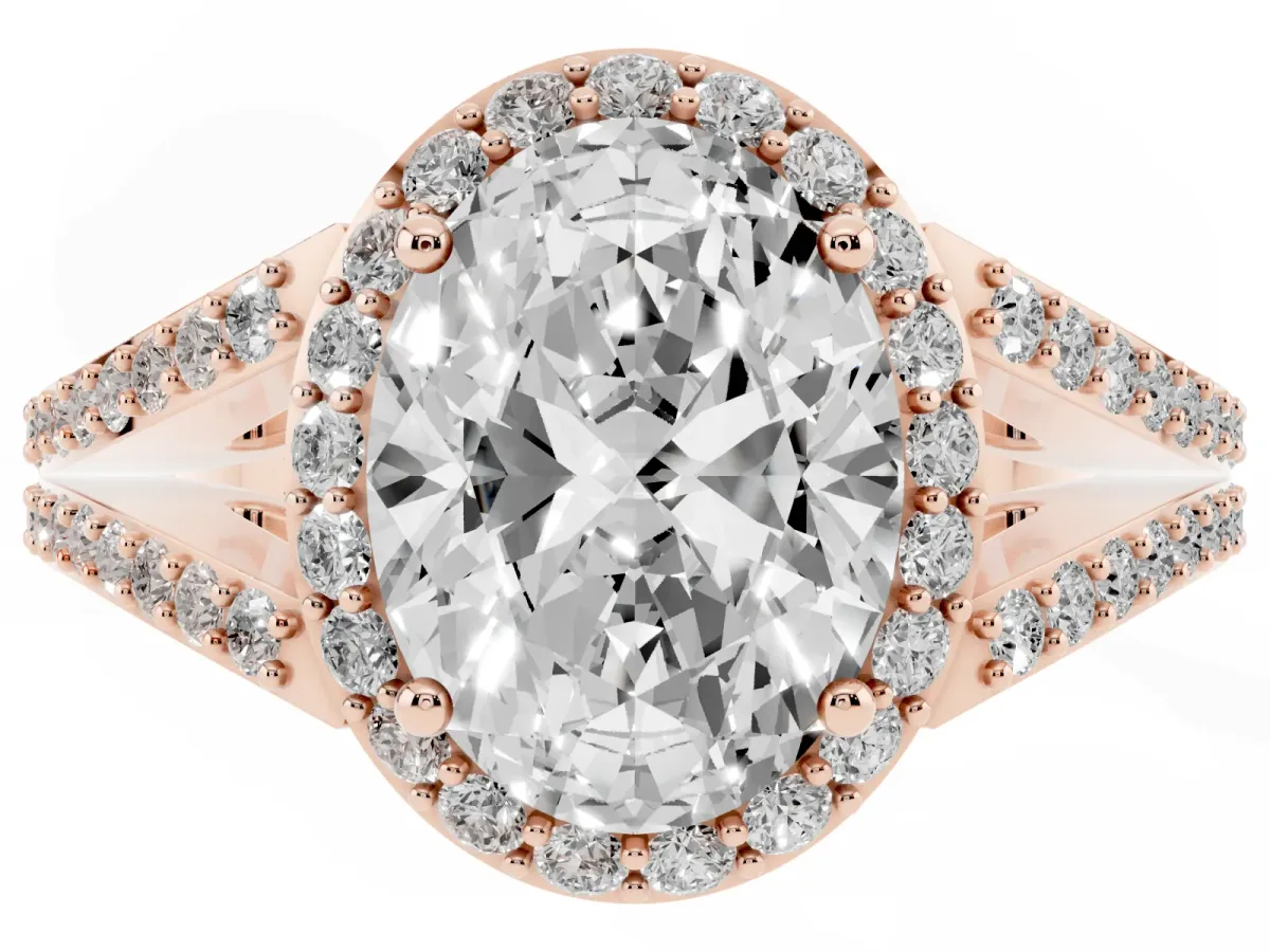 Oval Cut Halo Split Shank Diamond Ring with Prong Setting Rose gold