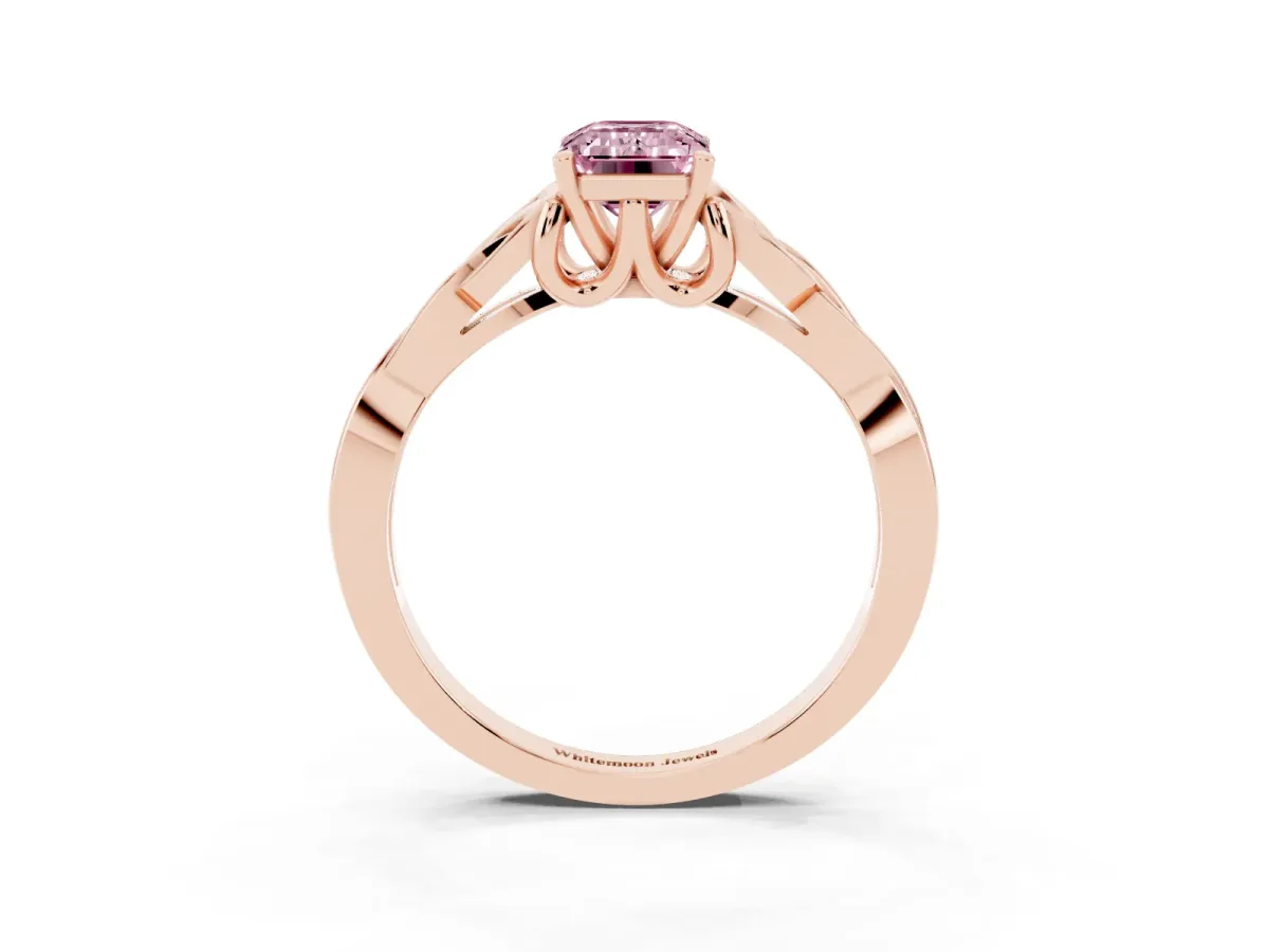 Fancy Pink Emerald Cut Diamond Solitaire Engagement Ring with Celtic Knot Band and Four-Prong Setting Rose gold