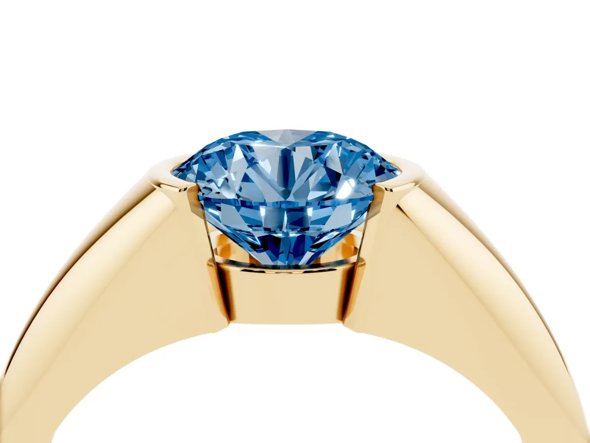 Fancy Blue Round Cut Solitaire Tension Set Diamond Ring Yellow gold