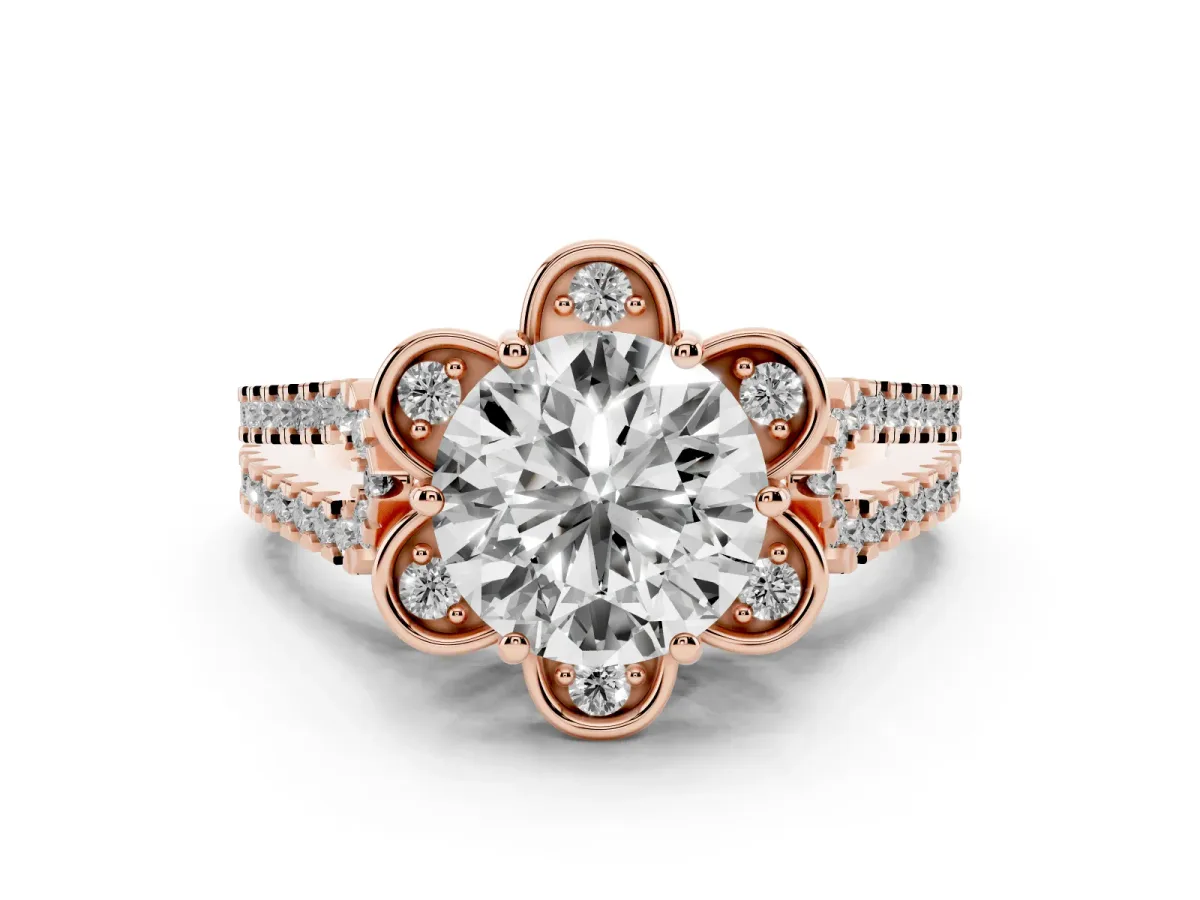 Round Cut Halo Diamond Floral Split Shank Engagement Ring Rose gold