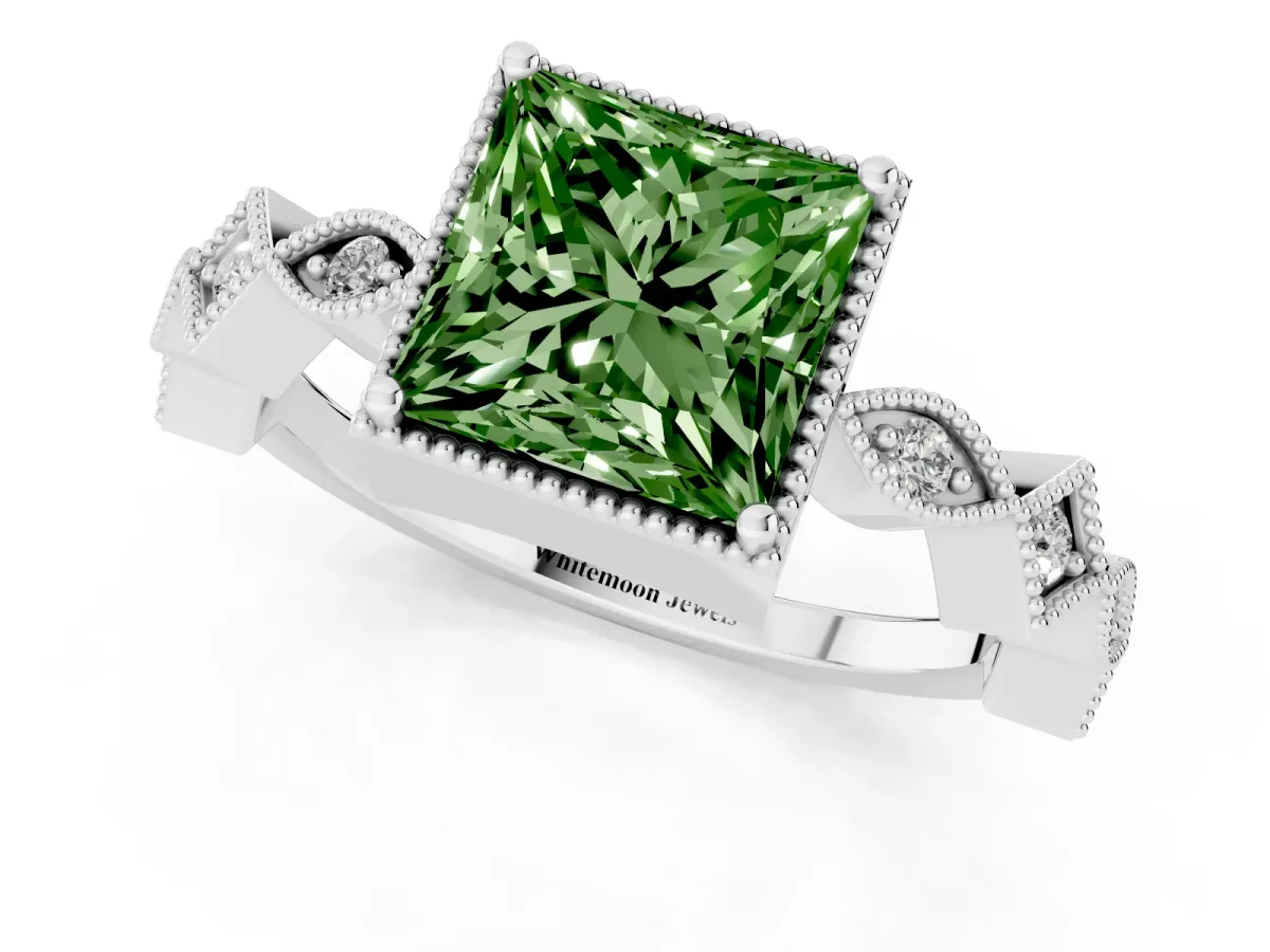 Fancy Green Princess Cut Milgrain Marquise Diamond Twist Band Ring Silver