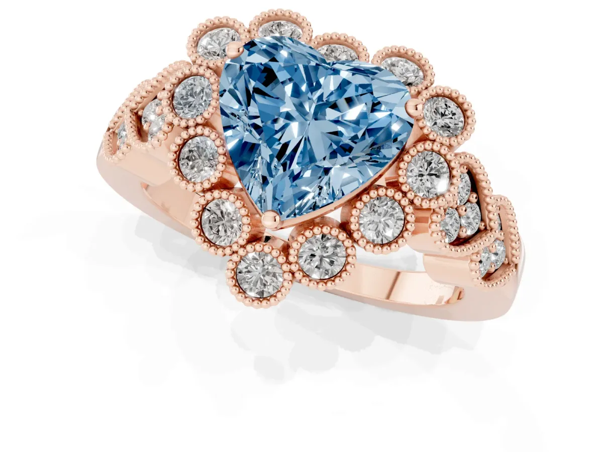 Fancy Blue Heart Cut Brilliant Milgrain Pave Heart Band Solitaire Ring Rose gold