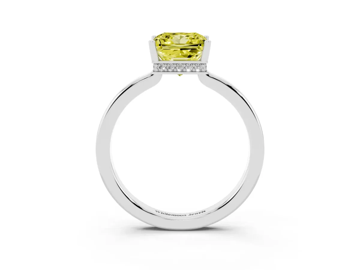 Fancy Yellow Princess Cut Cut Solitaire Engagement Ring with Four-Prong Setting on a Classic Band Platinum