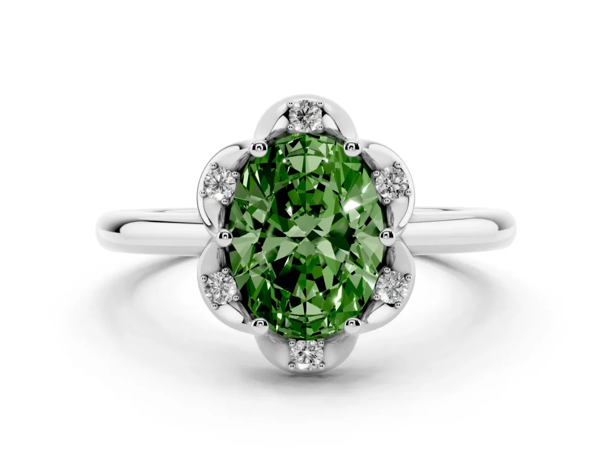Fancy Green Oval Cut Halo Diamond Ring with Round Cluster Setting, Solitaire Band, and Four-Prong Setting White gold
