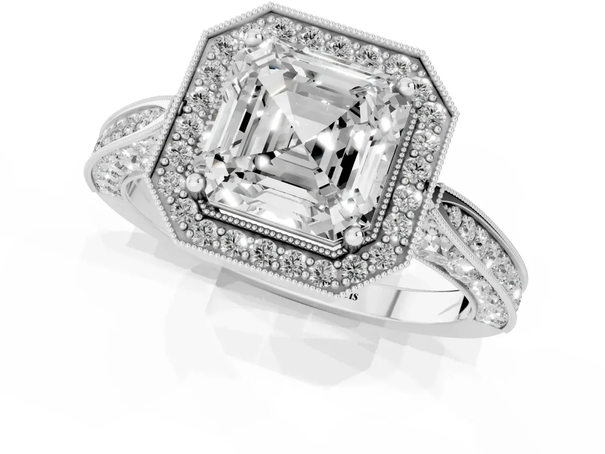 Asscher Cut Halo Diamond Engagement Ring with Split Shank Band and Four-Prong Setting Silver