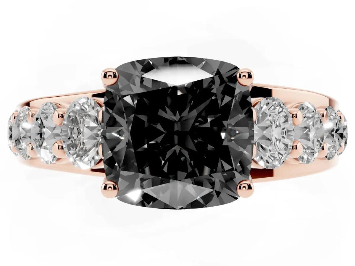 Fancy Black Cushion Cut Diamond Engagement Ring with Pavé Band and Four-Prong Setting Rose gold
