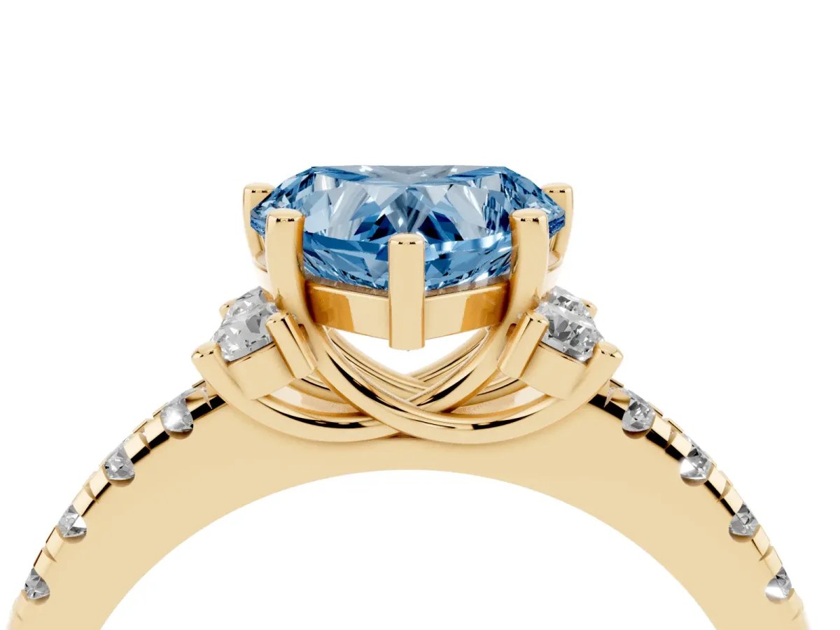Fancy Blue Heart Cut Diamond Three-Stone Pave Band with Four-Prong Setting Yellow gold