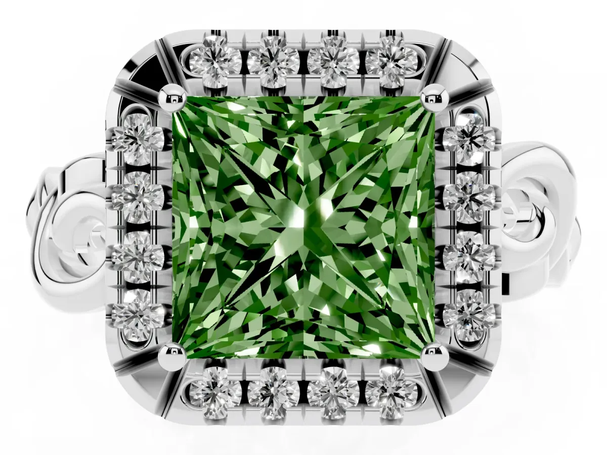 Fancy Green Princess Cut Cut Halo Diamond Ring with Scrollwork Band and Four-Prong Setting Silver