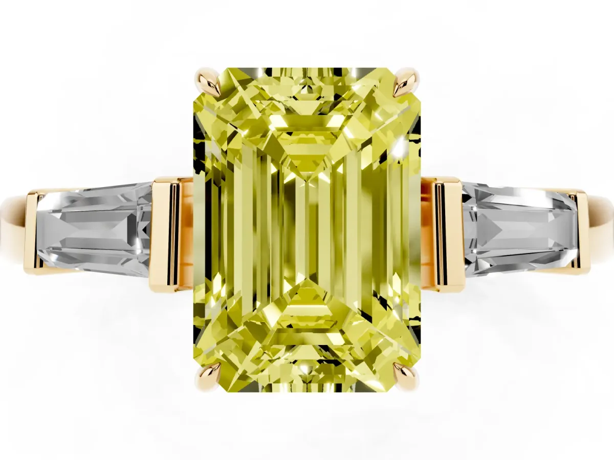 Fancy Yellow Emerald Cut Diamond Three-Stone Ring with Tapered Baguette Side Stones and Prong Setting Yellow gold