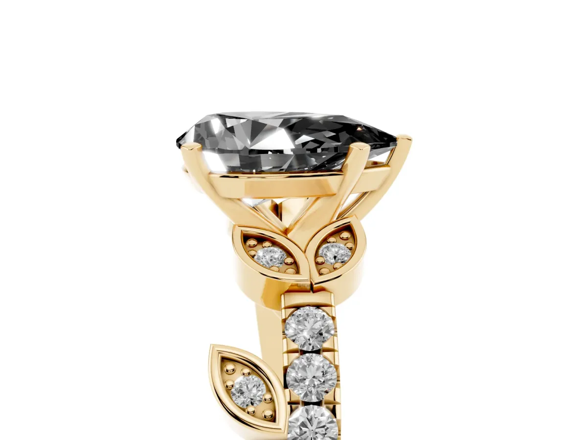 Fancy Black Pear Cut Solitaire Leaf-Inspired Diamond Ring with Pavé Band and Four-Prong Setting Yellow gold