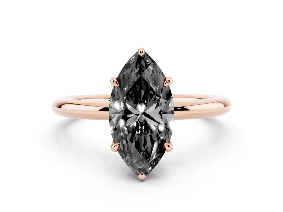 Fancy Black Marquise Cut Diamond Solitaire Ring with Thin Band and Four-Prong Setting Rose gold