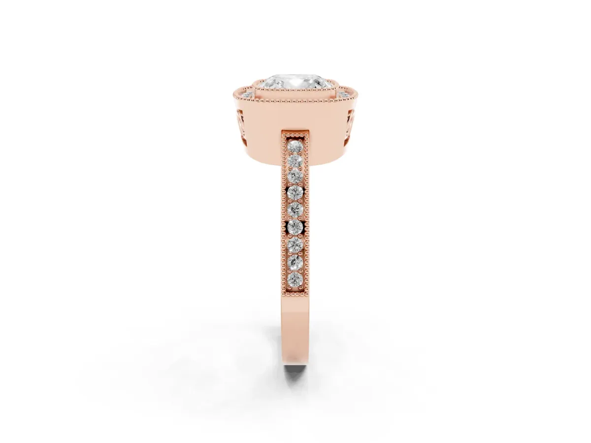 Cushion Cut Cut Halo Diamond Ring with Pavé Band and Milgrain Prong Setting Rose gold