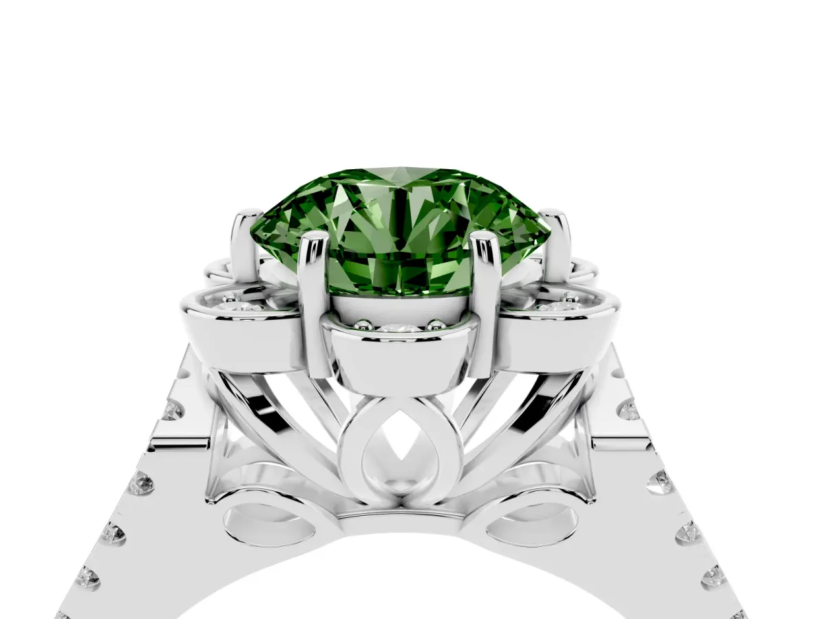 Fancy Green Round Cut Halo Diamond Floral Split Shank Engagement Ring Silver