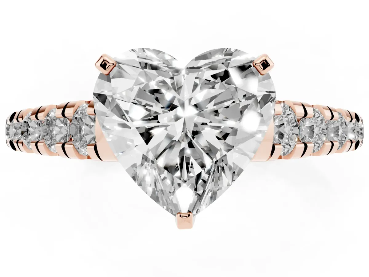 Heart Cut Diamond Cathedral Solitaire Ring with Round Pavé Band Rose gold