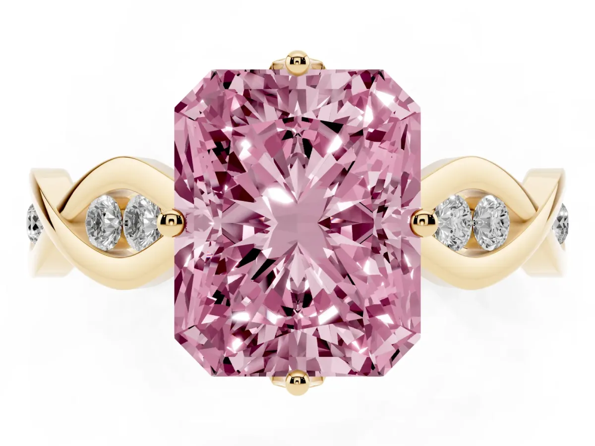 Fancy Pink Radiant Cut Solitaire Twist Band with Leaf Prong Setting Yellow gold