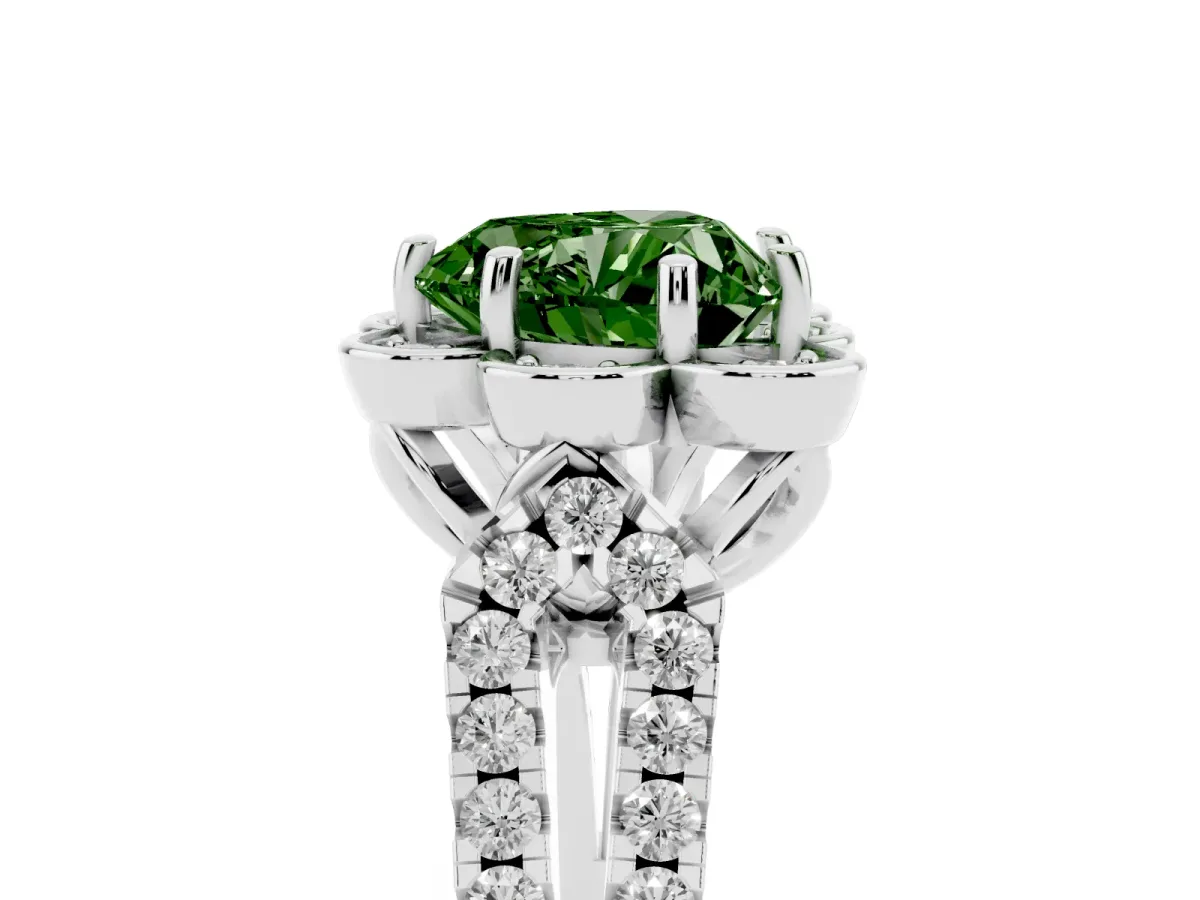 Fancy Green Heart Cut Halo Diamond Floral Split Shank Engagement Ring Silver