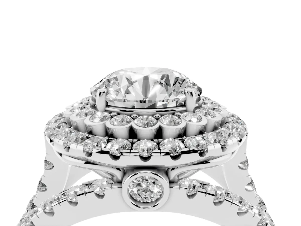Round Cut Diamond Double Halo Ring with Round Pavé Split Shank and Prong Setting Silver
