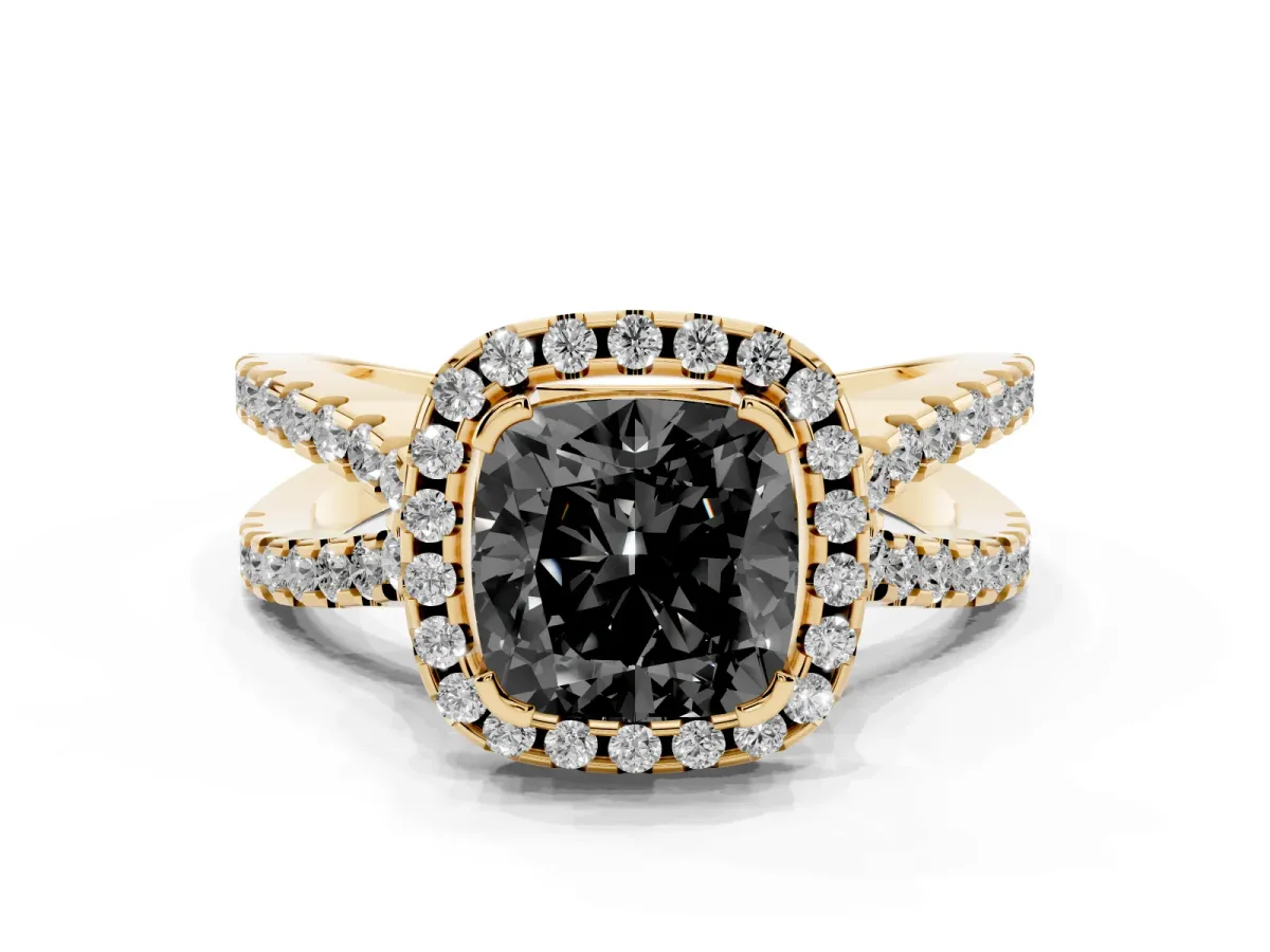 Fancy Black Cushion Cut Diamond Halo Ring with Split Shank Pavé Band and Prong Setting Yellow gold