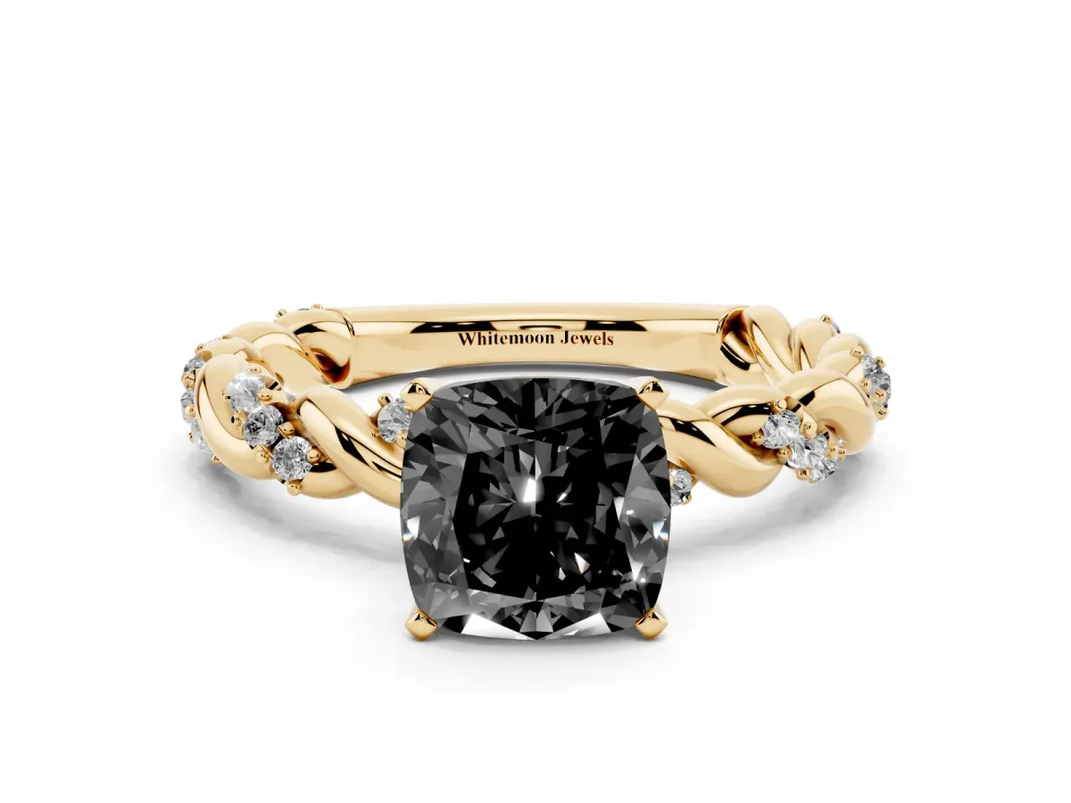 Fancy Black Cushion Cut Diamond Solitaire Ring with Twisted Band and Pavé Accents Yellow gold