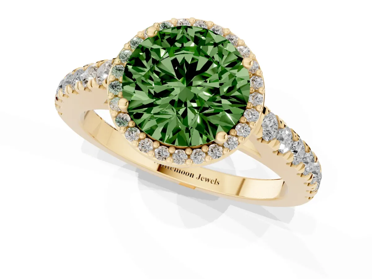 Fancy Green Round Cut Cut Halo Diamond Engagement Ring with Pave Band and Four-Prong Setting Yellow gold