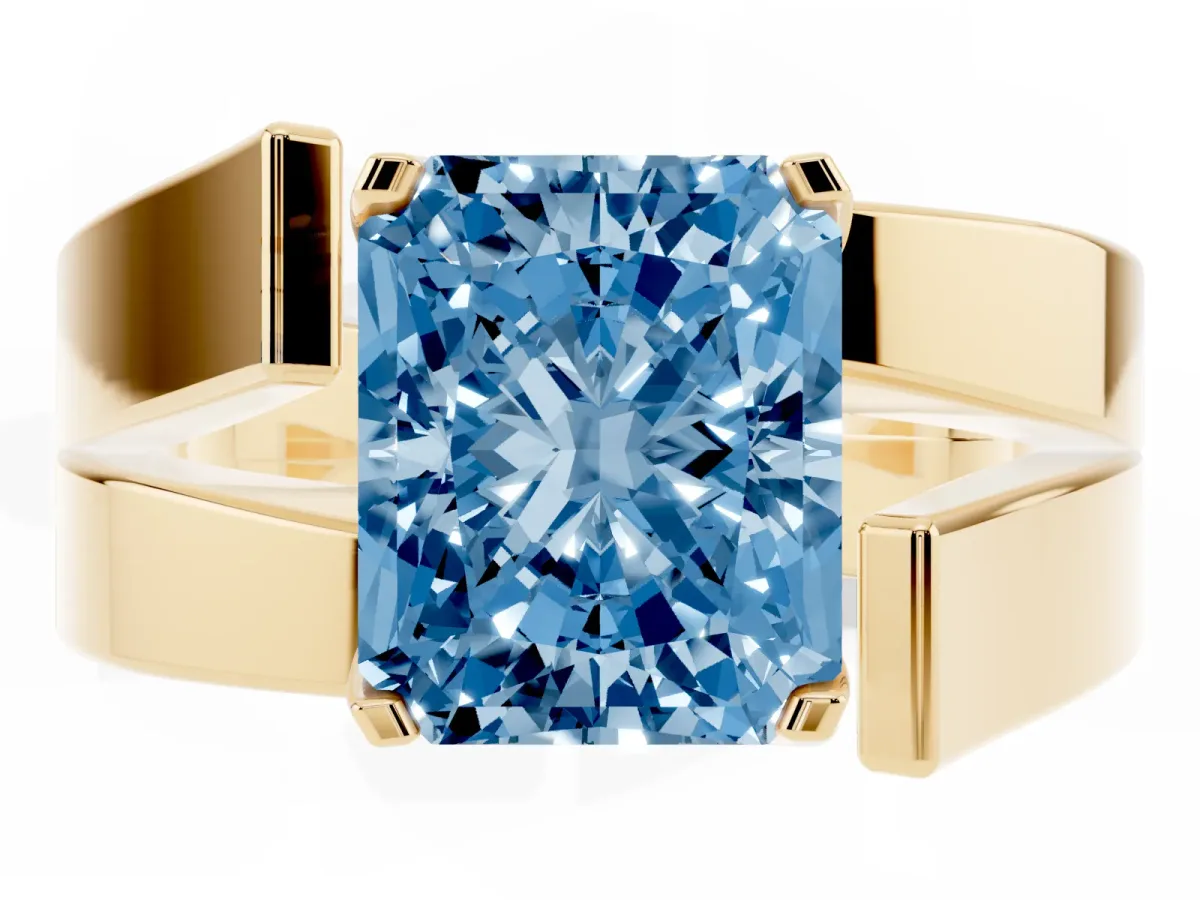 Fancy Blue Modern Tension Set Radiant Cut Diamond Solitaire Wide Band Ring Yellow gold