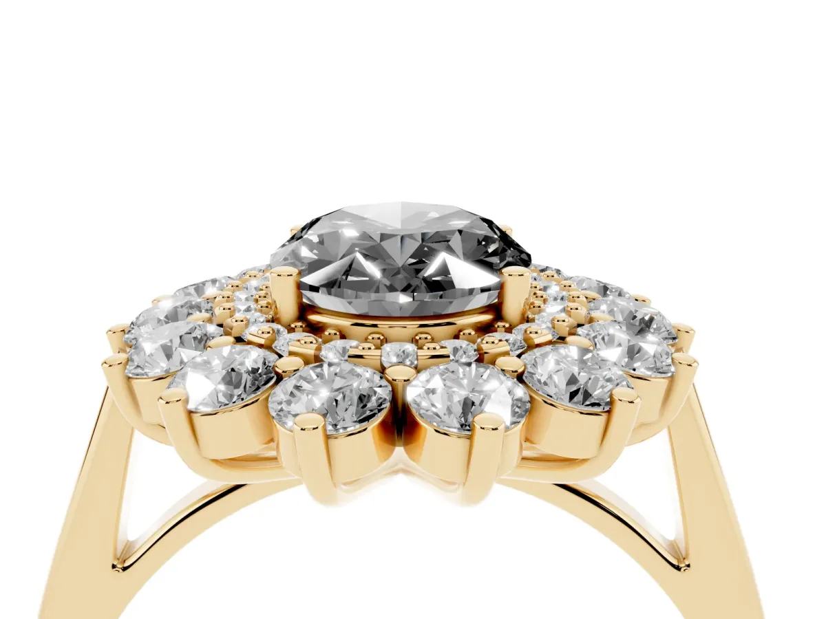 Fancy Black Oval Cut Diamond Floral Double Halo Engagement Ring with Prong Setting Yellow gold