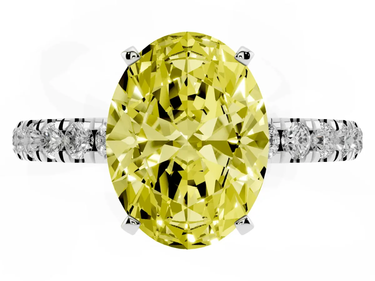 Fancy Yellow Oval Cut Diamond Solitaire Ring with Pavé Accents and Four-Prong Setting White gold