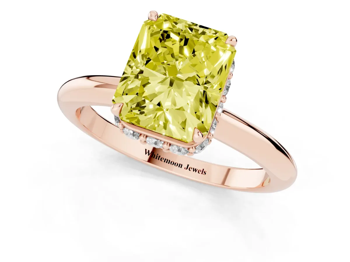 Fancy Yellow Radiant Cut Brilliant Solitaire Engagement Ring with Six-Prong Setting and Classic Band Rose gold