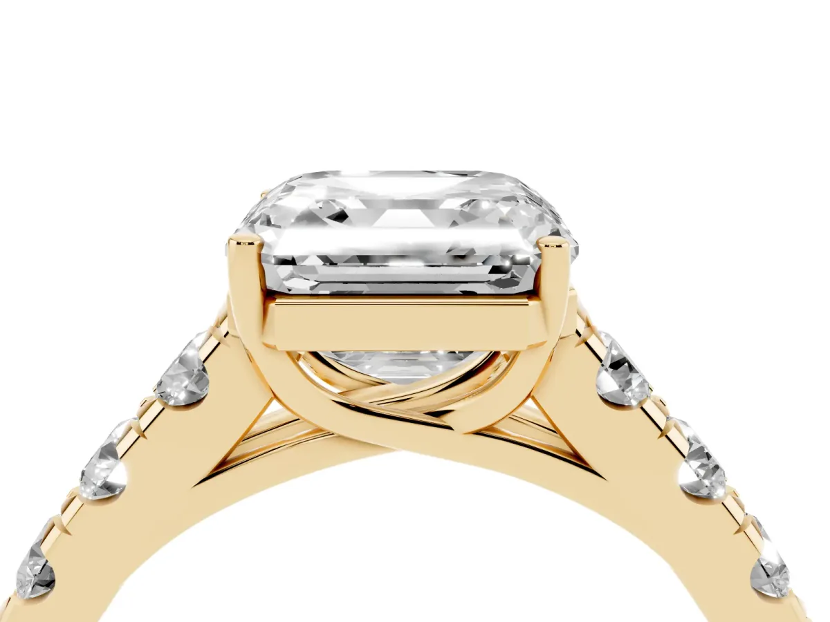 Asscher Cut Cut Diamond Solitaire Ring with Micro Pave Band and Prong Setting Yellow gold