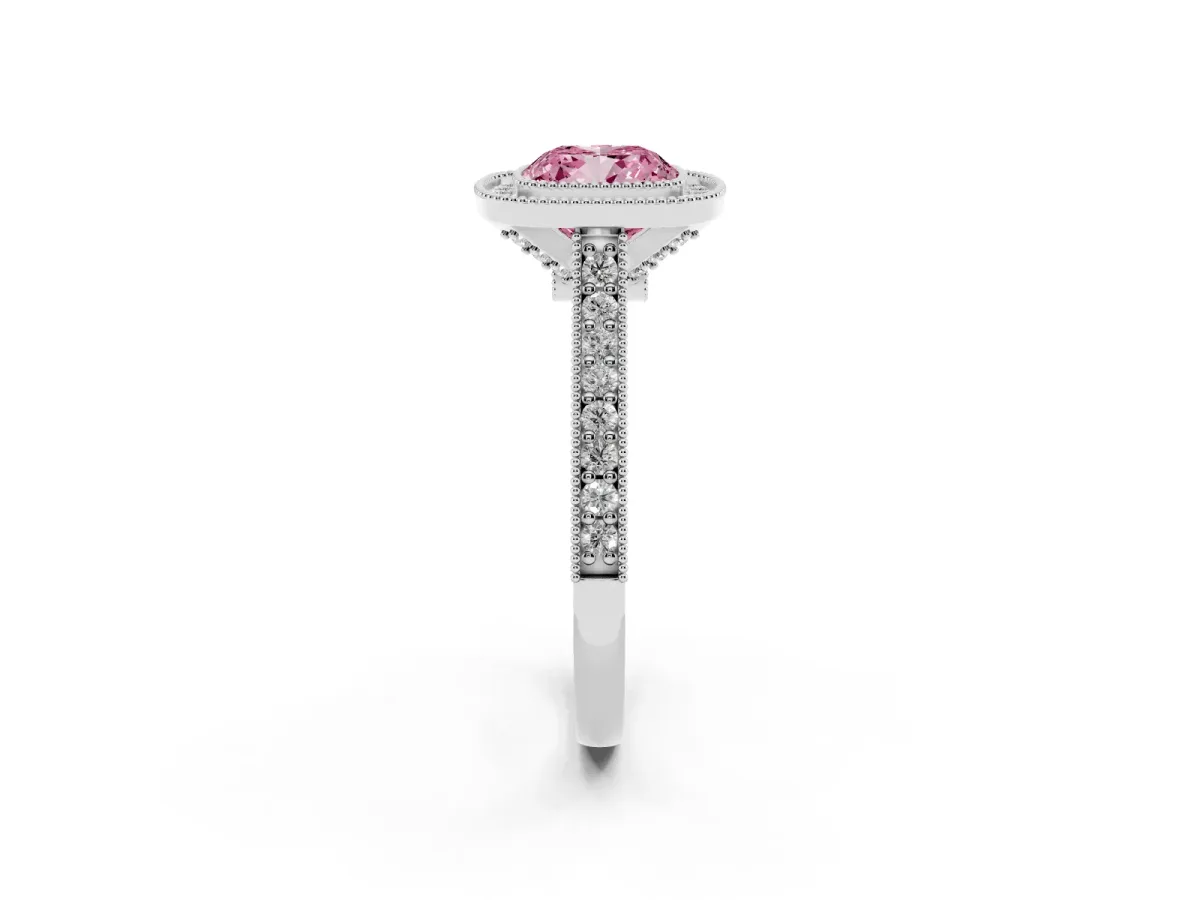 Fancy Pink Halo Cushion Cut-Cut Diamond Pave Band Milgrain Prong Setting Ring White gold