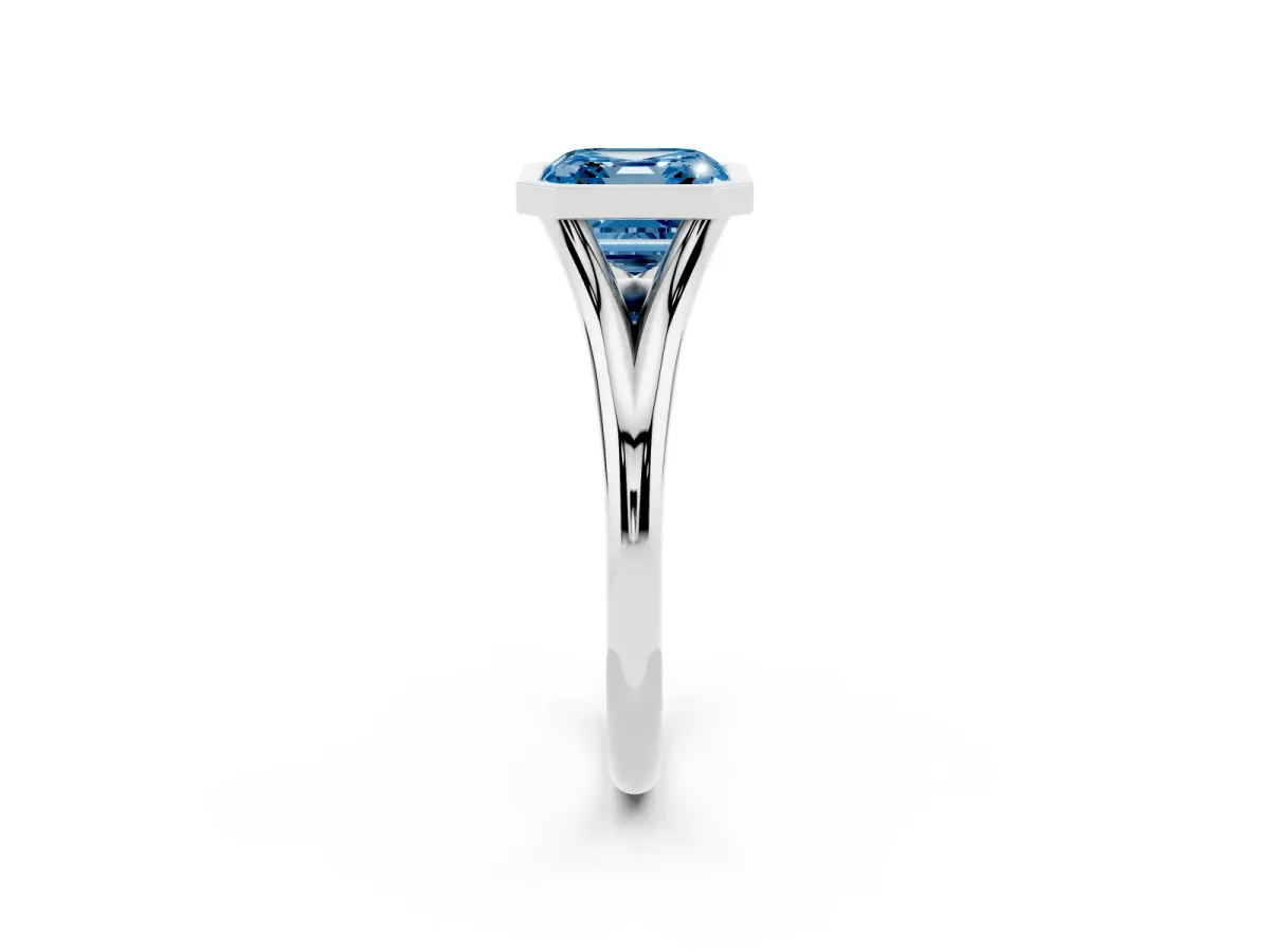 Fancy Blue Bezel Set Asscher Cut Cut Solitaire Ring with Tapered Band Silver