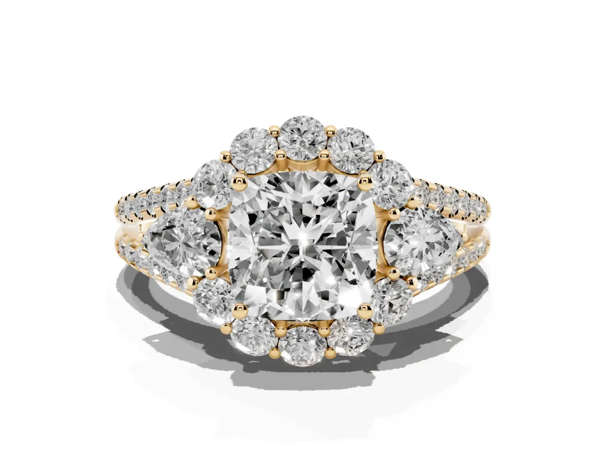Cushion Cut Halo Split Shank Diamond Engagement Ring with Prong Setting Yellow gold
