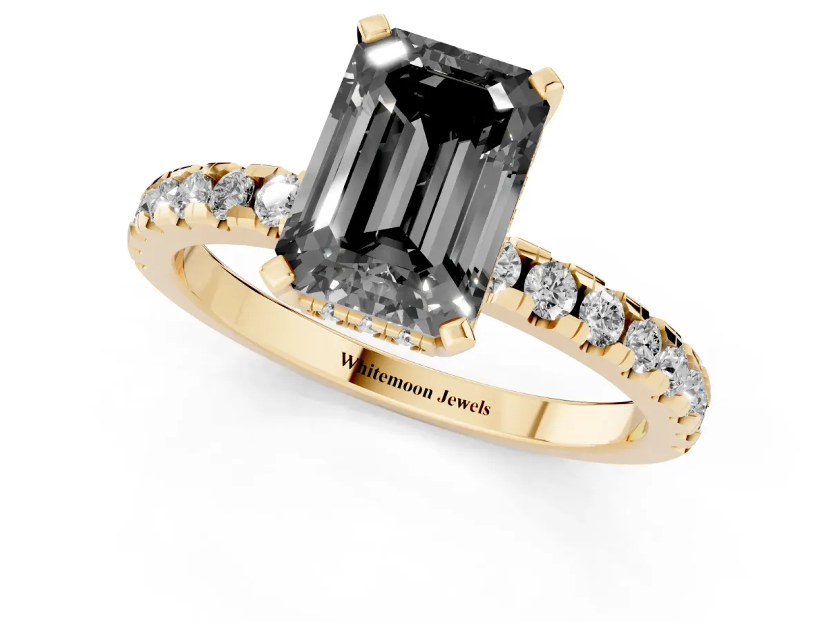 Fancy Black Emerald Cut Diamond Solitaire Ring with Round Pavé Band and Four-Prong Setting Yellow gold