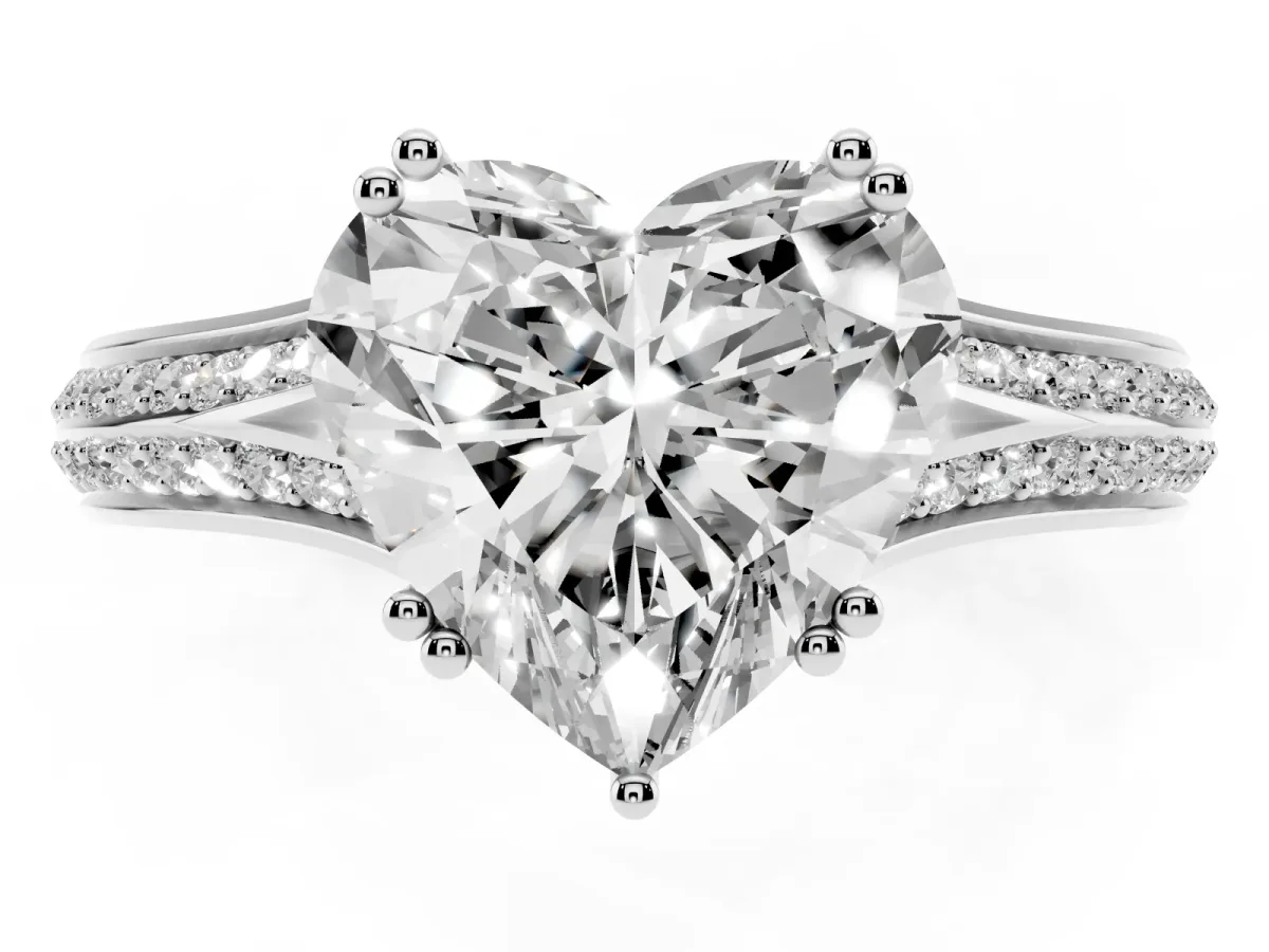 Heart Cut Diamond Split Shank Engagement Ring with Pavé Band Silver