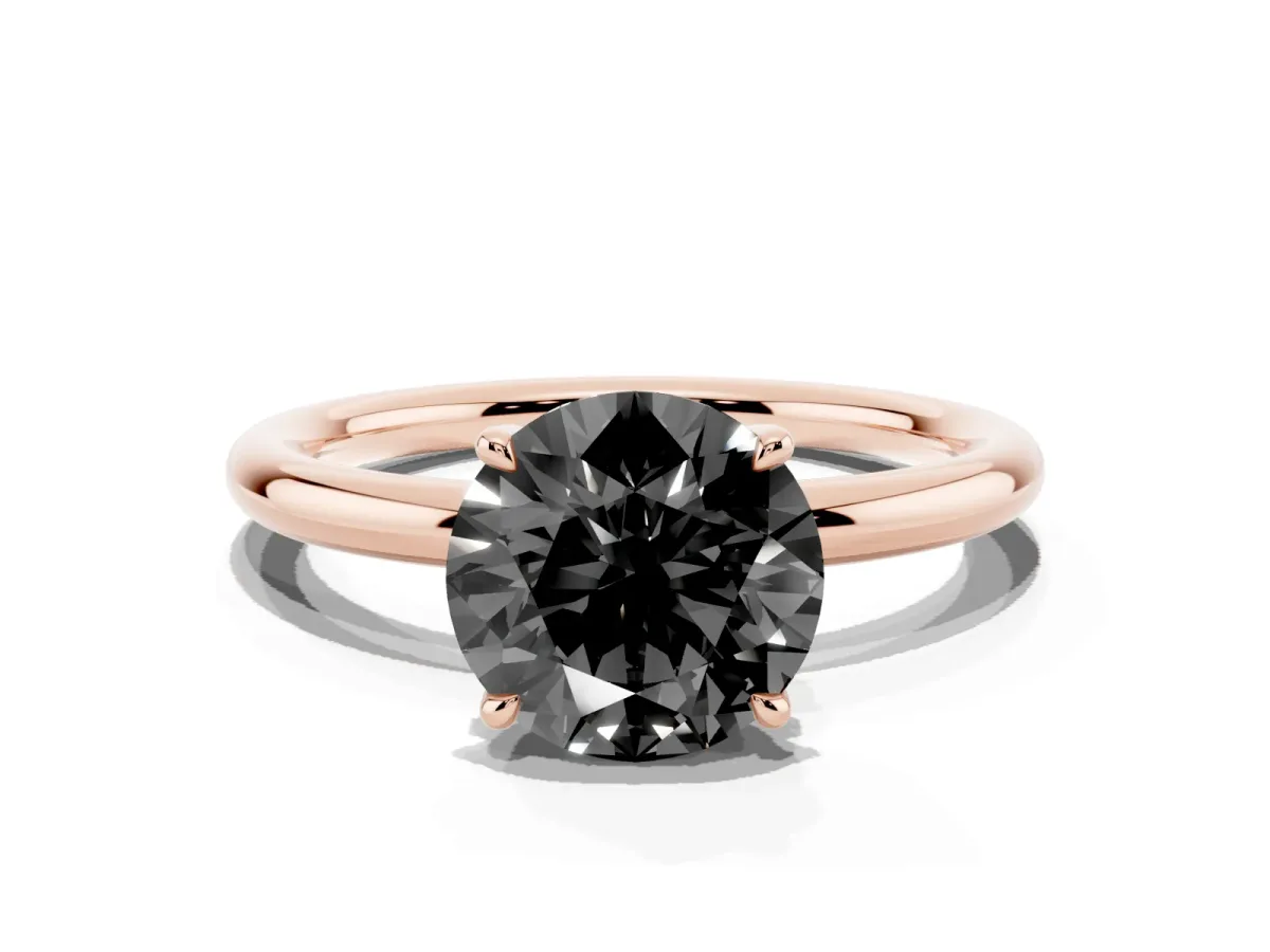 Fancy Black Round Cut Diamond Solitaire Ring with Thin Band and Four-Prong Setting Rose gold