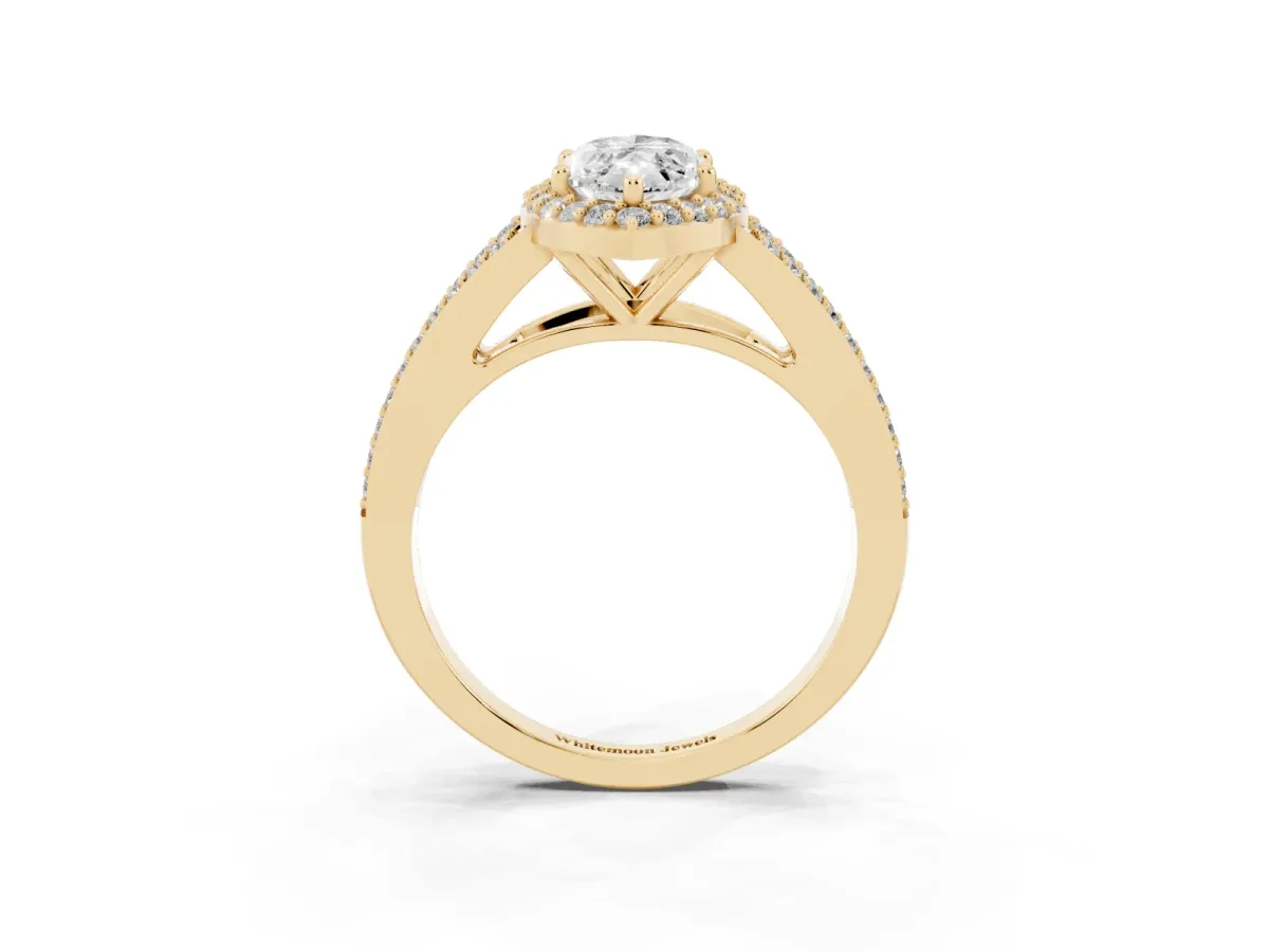 Marquise Cut Halo Split Shank Pave Diamond Ring with Four-Prong Setting Yellow gold