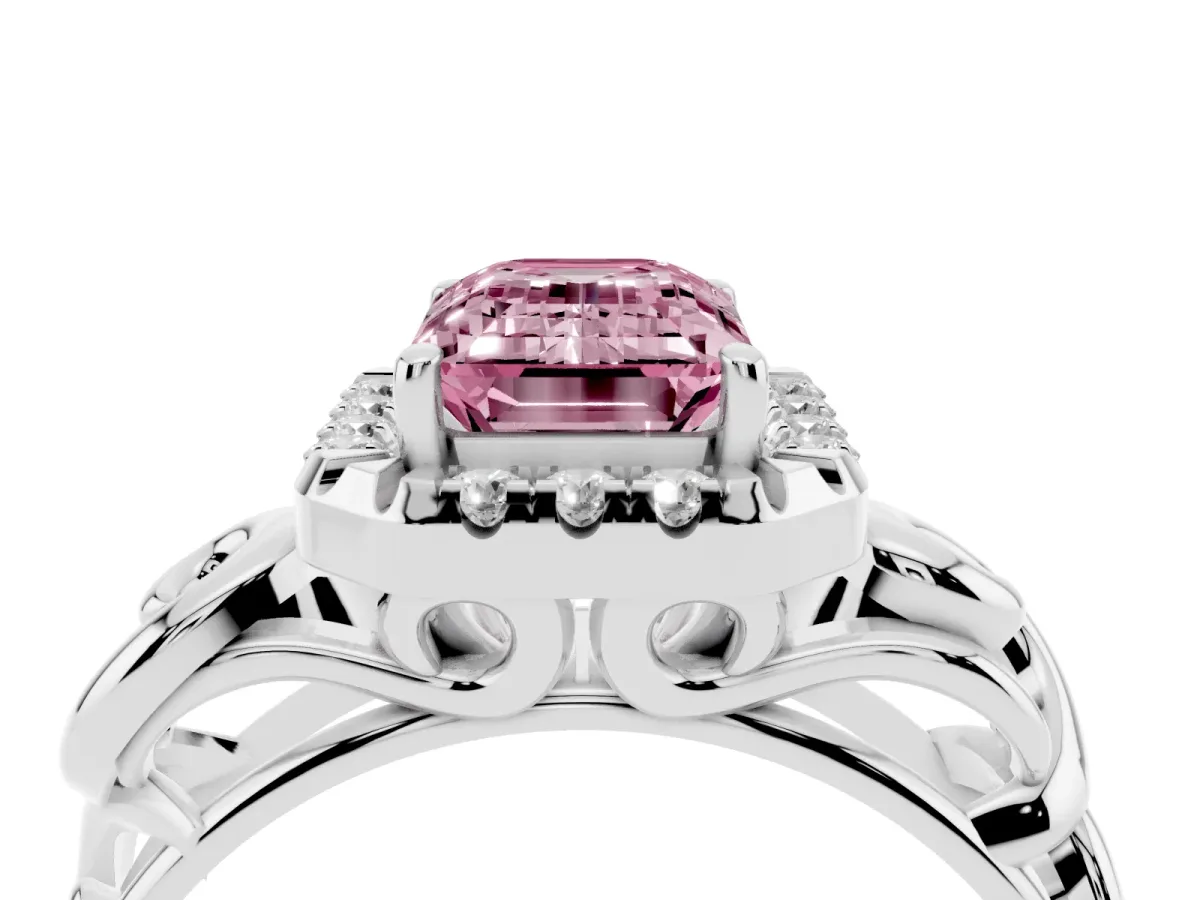 Fancy Pink Emerald Cut Cut Halo Diamond Ring with Scrollwork Band and Four-Prong Setting Silver