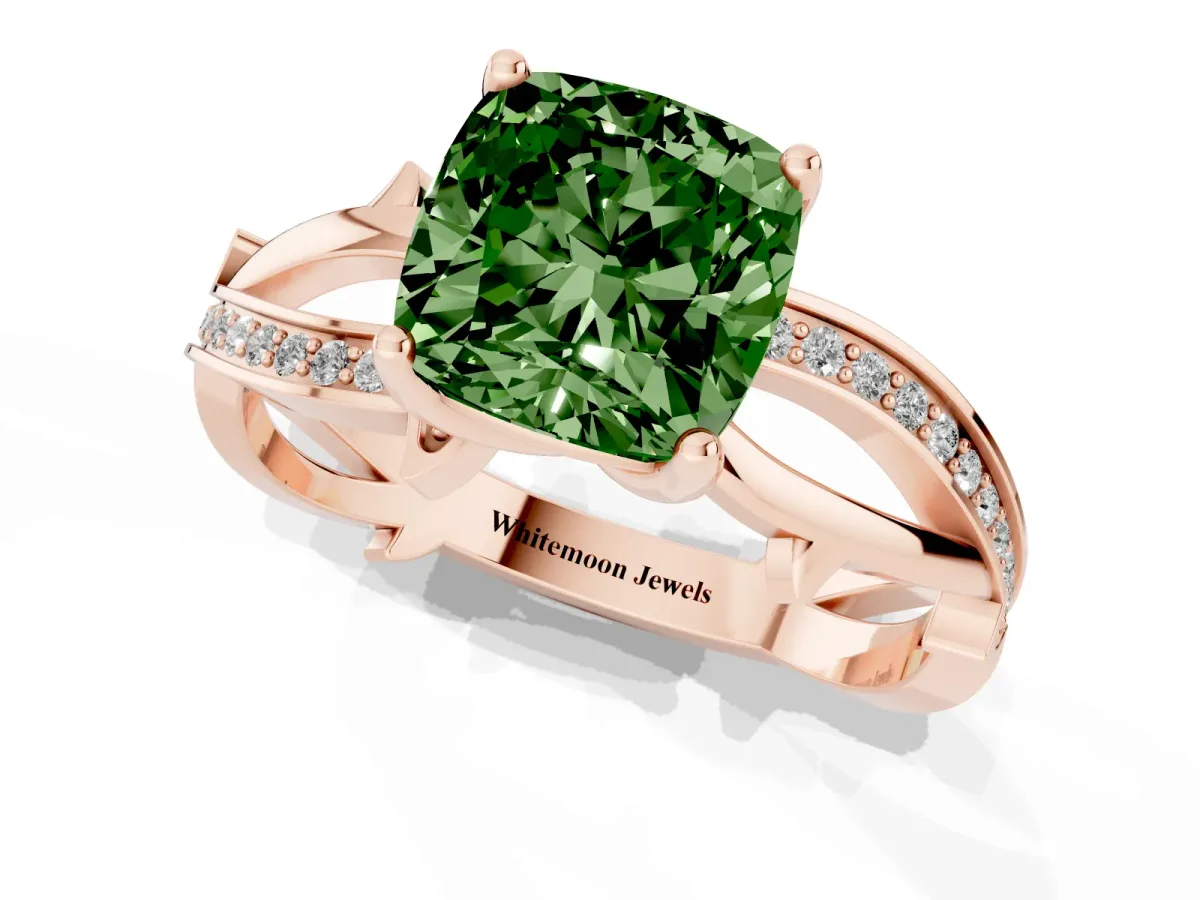 Fancy Green Cushion Cut Solitaire Twist Band with Pavé Accents and Four-Prong Setting Rose gold