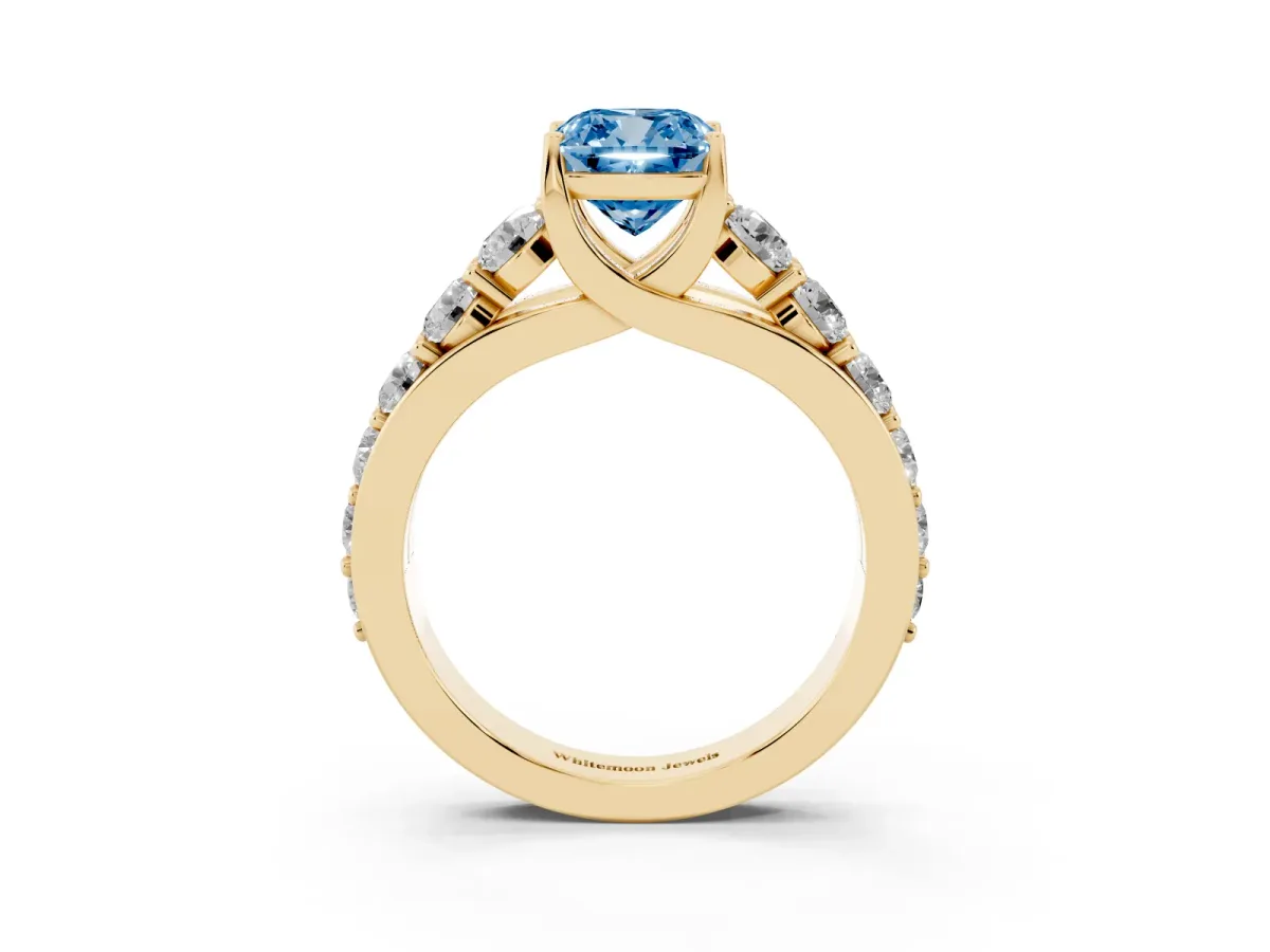 Fancy Blue Cushion Cut Diamond Engagement Ring with Pavé Band and Four-Prong Setting Yellow gold